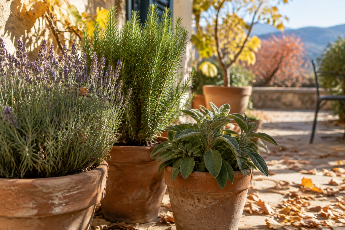 Jardín otoñal con plantas mediterráneas en macetas de barro y luz natural - Vivero De Abril